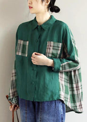 Beautiful Lapel Patchwork Spring Blouse Fabrics Green Plaid Shirts - bagstylebliss