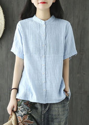 Beautiful Light Blue Stand Collar Wrinkled Button Linen Blouse Tops Short Sleeve