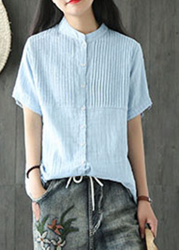 Beautiful Light Blue Stand Collar Wrinkled Button Linen Blouse Tops Short Sleeve