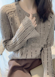 Beautiful Light Brown O Neck Sequins Knit Sweaters Long Sleeve