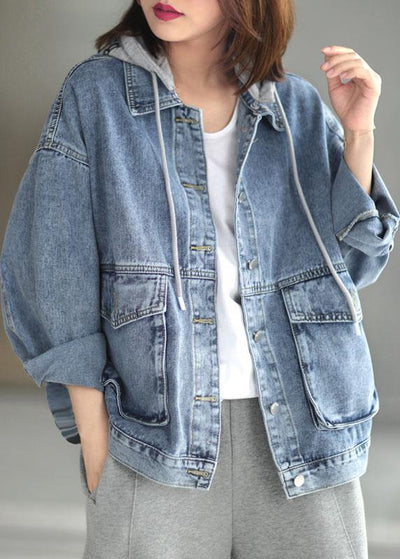 Beautiful Light Denim hooded Pockets Button Fall Long sleeve Coat - bagstylebliss