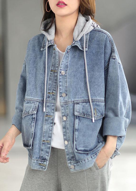 Beautiful Light Denim hooded Pockets Button Fall Long sleeve Coat - bagstylebliss