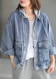 Beautiful Light Denim hooded Pockets Button Fall Long sleeve Coat - bagstylebliss