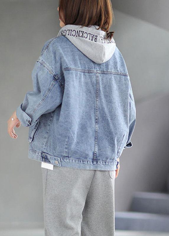 Beautiful Light Denim hooded Pockets Button Fall Long sleeve Coat - bagstylebliss