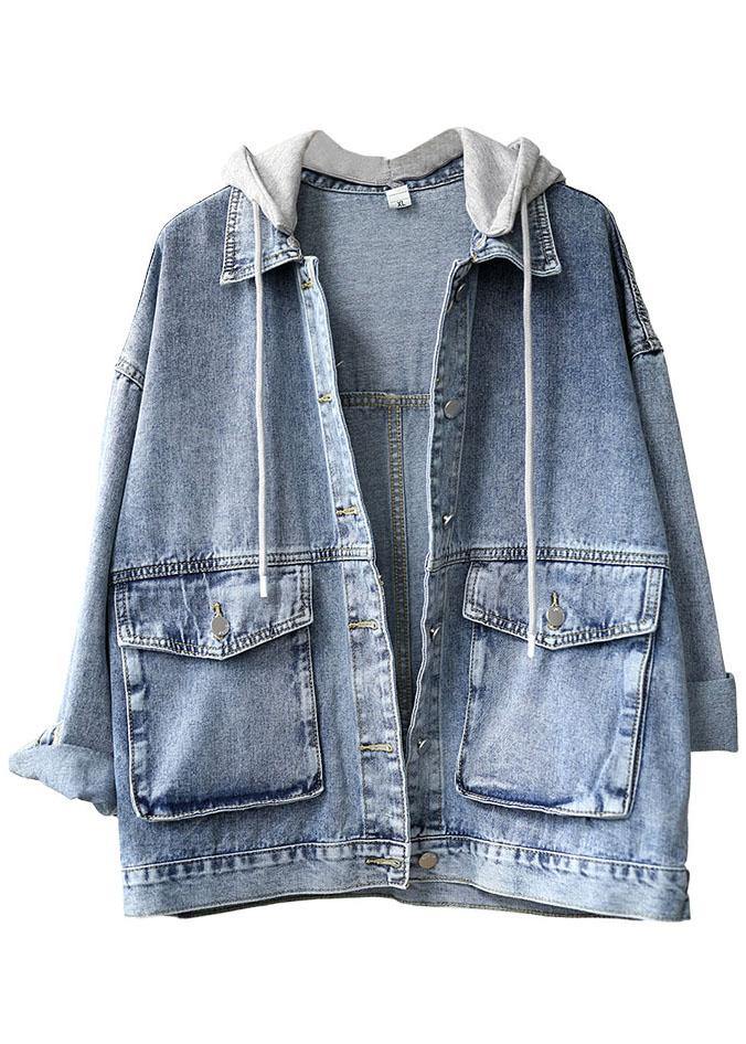 Beautiful Light Denim hooded Pockets Button Fall Long sleeve Coat - bagstylebliss