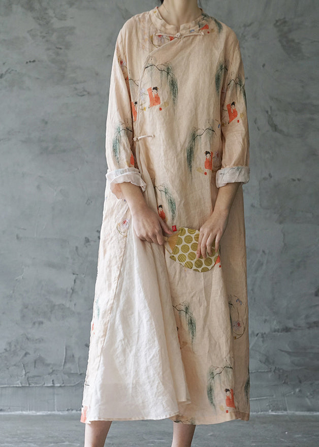 Beautiful Light Pink Mandarin Collar Print Patchwork Linen Long Dress Long Sleeve