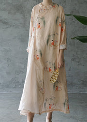 Beautiful Light Pink Mandarin Collar Print Patchwork Linen Long Dress Long Sleeve