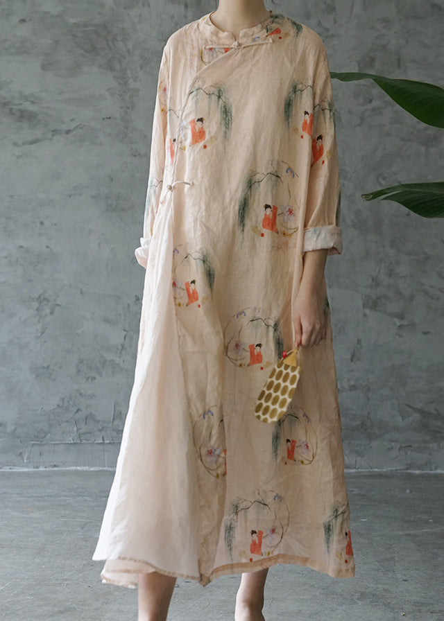 Beautiful Light Pink Mandarin Collar Print Patchwork Linen Long Dress Long Sleeve