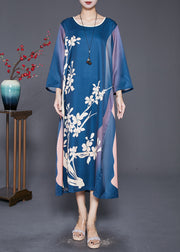 Beautiful Navy Oversized Print Silk Long Dress Fall