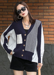 Beautiful Navy Patchwork Asymmetrical Design Button Fall Long Sleeve Top