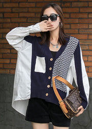 Beautiful Navy Patchwork Asymmetrical Design Button Fall Long Sleeve Top