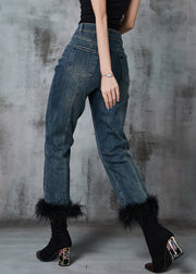 Beautiful Navy Patchwork Feather Denim Pants Trousers Spring