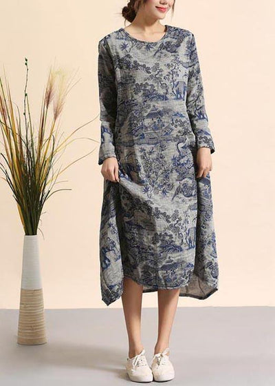 Beautiful Navy Print Quilting Dresses O Neck Pockets Maxi Dresses - bagstylebliss