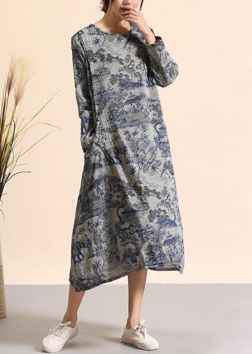 Beautiful Navy Print Quilting Dresses O Neck Pockets Maxi Dresses - bagstylebliss