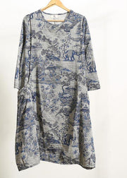 Beautiful Navy Print Quilting Dresses O Neck Pockets Maxi Dresses - bagstylebliss