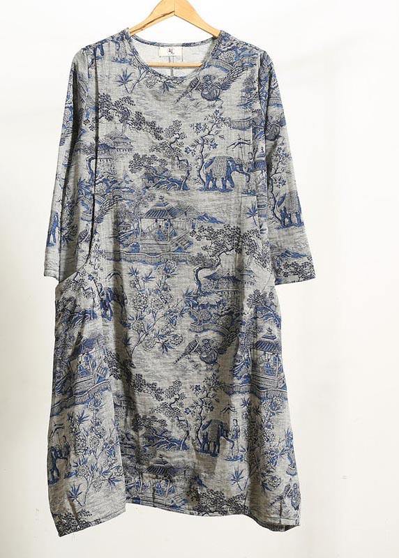 Beautiful Navy Print Quilting Dresses O Neck Pockets Maxi Dresses - bagstylebliss