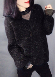 Beautiful Navy Sequins Hollow Out Knit Sweaters Winter