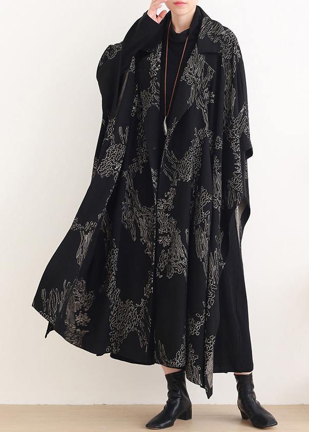 Beautiful Notched asymmetric Plus Size coats women black print silhouette coats - bagstylebliss