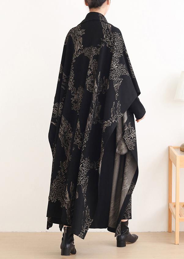 Beautiful Notched asymmetric Plus Size coats women black print silhouette coats - bagstylebliss