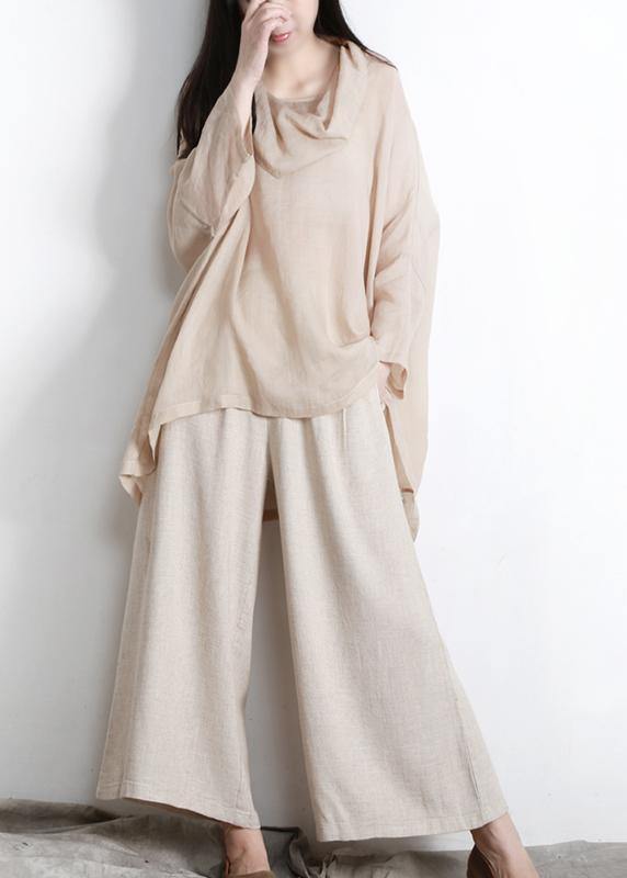 Beautiful Nude Turtle Neck Batwing Sleeve Two Piece Set Women Clothing Summer Linen - bagstylebliss