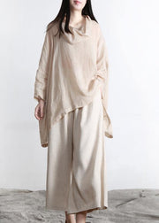 Beautiful Nude Turtle Neck Batwing Sleeve Two Piece Set Women Clothing Summer Linen - bagstylebliss