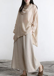 Beautiful Nude Turtle Neck Batwing Sleeve Two Piece Set Women Clothing Summer Linen - bagstylebliss