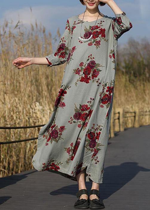 Beautiful O Neck Pockets Spring Tunic Work Outfits Chinese Rose Flower Long Dress - bagstylebliss