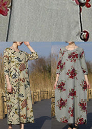 Beautiful O Neck Pockets Spring Tunic Work Outfits Chinese Rose Flower Long Dress - bagstylebliss