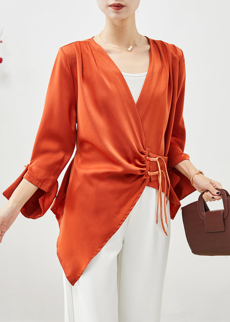 Beautiful Orange Asymmetrical Cinched Tasseled Silk Top Fall