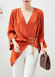 Beautiful Orange Asymmetrical Cinched Tasseled Silk Top Fall