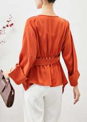 Beautiful Orange Asymmetrical Cinched Tasseled Silk Top Fall