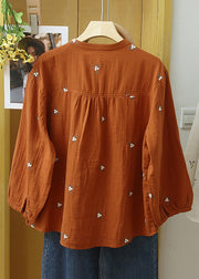 Beautiful Orange Embroideried Button Cotton Blouse Long Sleeve