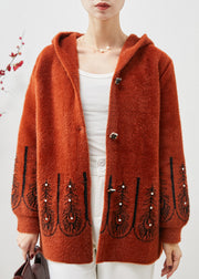 Beautiful Orange Hooded Print Faux Mink Velvet Trench Spring