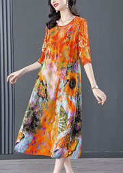 Beautiful Orange O-Neck Oversized Print Silk Dress Half Sleeve