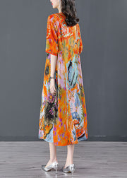 Beautiful Orange O-Neck Oversized Print Silk Dress Half Sleeve