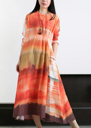 Beautiful Orange O-Neck Wrinkled Asymmetrical Linen Dress Long Sleeve