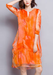 Beautiful Orange V Neck Print Layered Design Silk Vacation Dress Half Sleeve