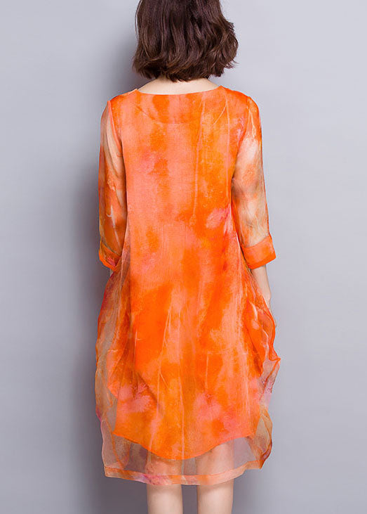 Beautiful Orange V Neck Print Layered Design Silk Vacation Dress Half Sleeve