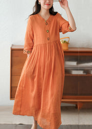 Beautiful Orange Wrinkled Embroidered Linen Dress Two Piece Set Short Sleeve