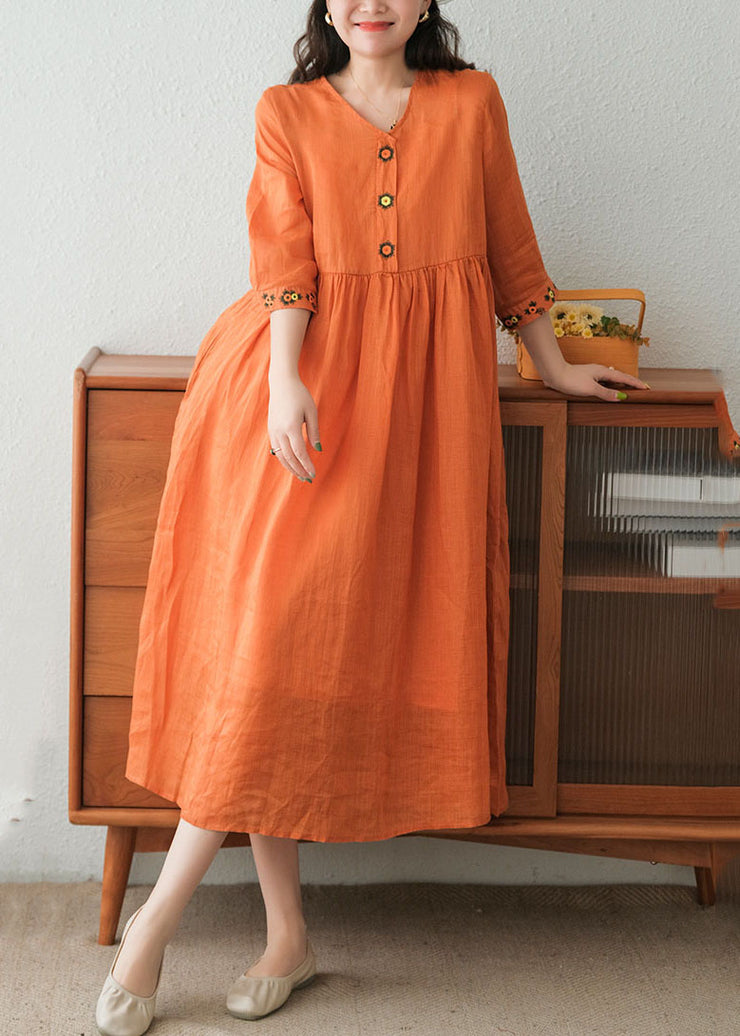 Schönes orangefarbenes, faltiges, besticktes Leinenkleid, zweiteiliges Set mit kurzen Ärmeln