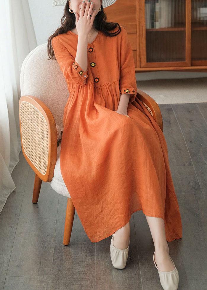 Beautiful Orange Wrinkled Embroidered Linen Dress Two Piece Set Short Sleeve