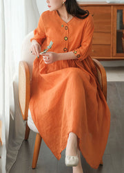 Schönes orangefarbenes, faltiges, besticktes Leinenkleid, zweiteiliges Set mit kurzen Ärmeln