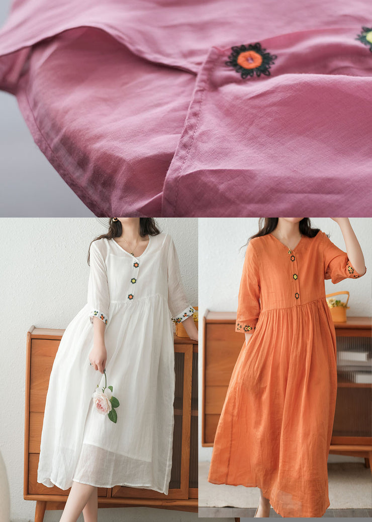 Beautiful Orange Wrinkled Embroideried Linen Dress Two Piece Set Short Sleeve