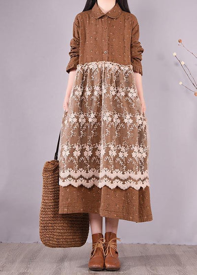 Beautiful Patchwork Lace Spring Clothes For Women Catwalk Chocolate Print Long Dresses - bagstylebliss