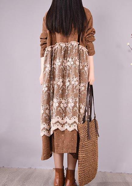 Beautiful Patchwork Lace Spring Clothes For Women Catwalk Chocolate Print Long Dresses - bagstylebliss