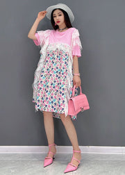 Beautiful Pink Asymmetrical Print Holiday Dresses Short Sleeve