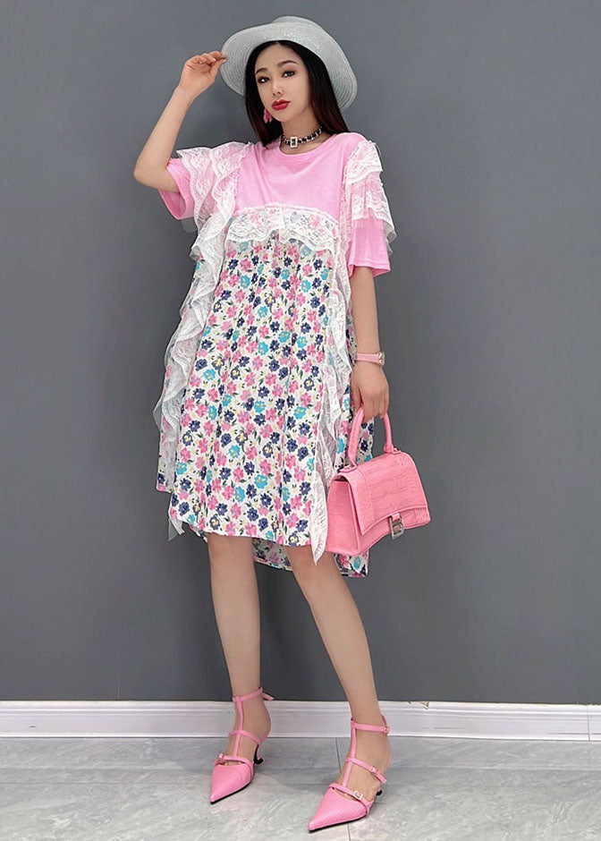 Beautiful Pink Asymmetrical Print Holiday Dresses Short Sleeve