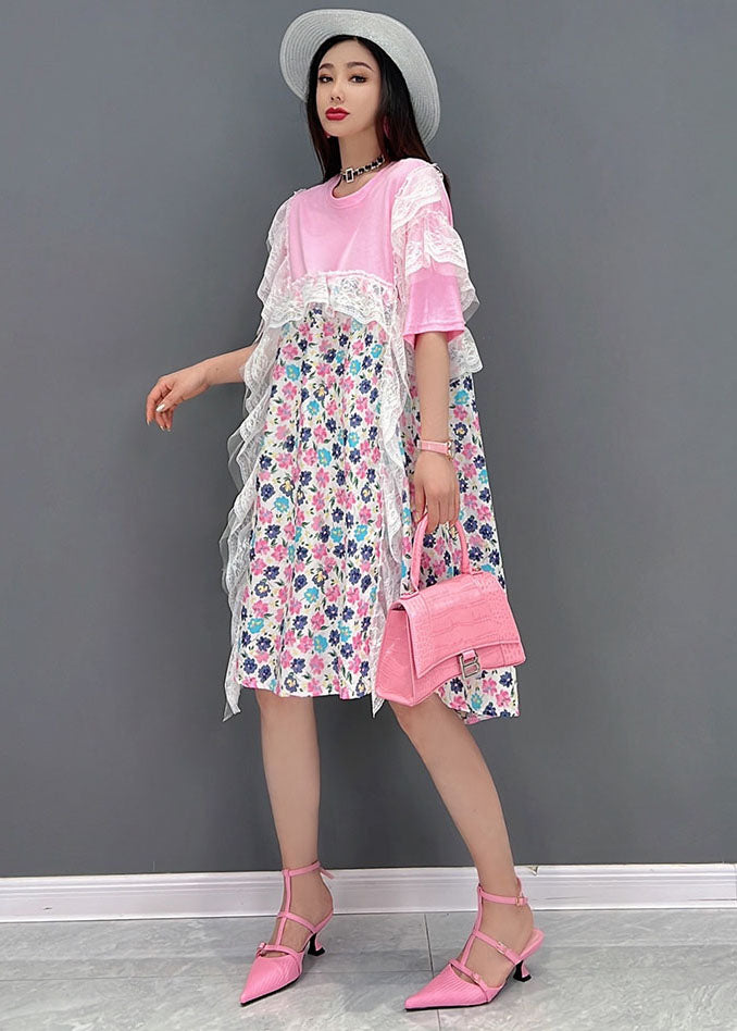 Beautiful Pink Asymmetrical Print Holiday Dresses Short Sleeve