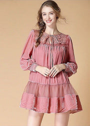 Beautiful Pink Embroidered Lace Up Patchwork Velour Dress Spring