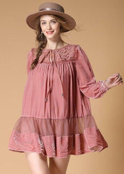 Beautiful Pink Embroidered Lace Up Patchwork Velour Dress Spring